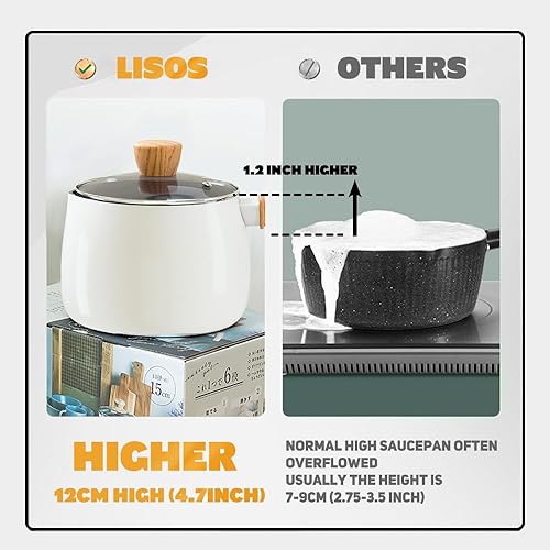 Miniatura 7 de Sartén antiadherente de 2.5 cuartos de galón con tapa, ollas de leche pequeñas para cocinar con boquilla de vertido, mango de madera de aluminio