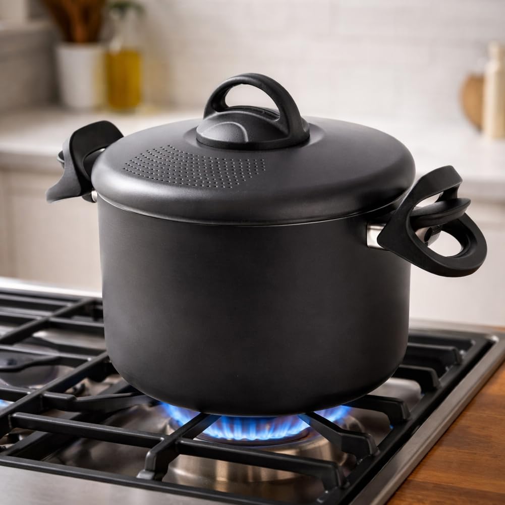 BAKAJI Olla Scolì de 22 cm con colador integrado y asas móviles y ergonómicas, olla antiadherente de aluminio con asas de bloqueo, segura y práctica, ideal para pasta, espaguetis