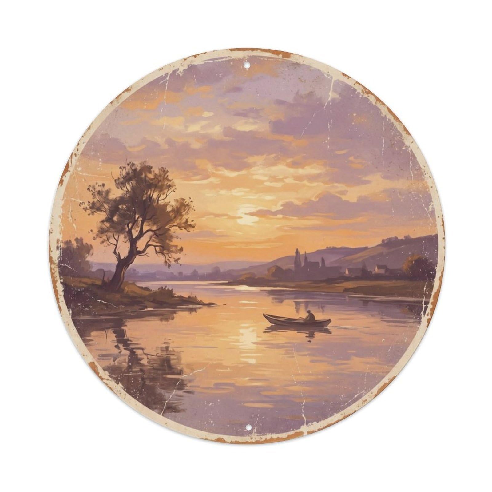 Fqcyn Style Vintage Travel River Germany Sunset Metal Tin Sign Plaque Wall Decor For Cafe, Club Bar, Office, Home Garden Round Metal Poster 8X8inch