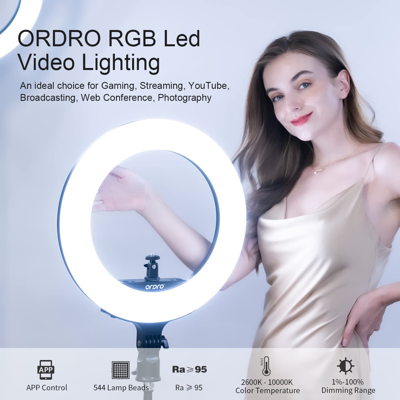 ORDRO Ringlicht mit Stativ, 16 Zoll Selfie Ringlicht mit 74 Zoll Stativ Ständer Bluetooth-App zur Unterstützung mehrerer RGB-Lichtmodi, 2600 K ~ 10000 K einstellbare Farbtemperatur