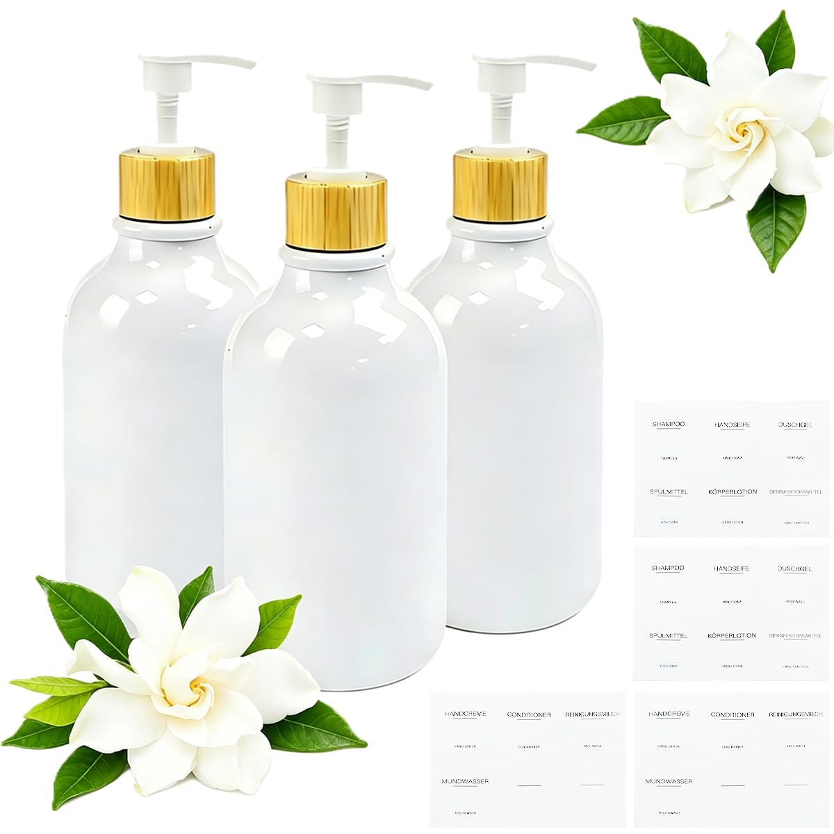 3 Pack Dispensador Gel y Champu Ducha de 500ml Dosificador Jabon Baño de Plastico Pet Blanco y Madera Jabonera Baño Botes para Champu y Acondicionador Rellenables Bomba Anti-Goteo Sin Oxido