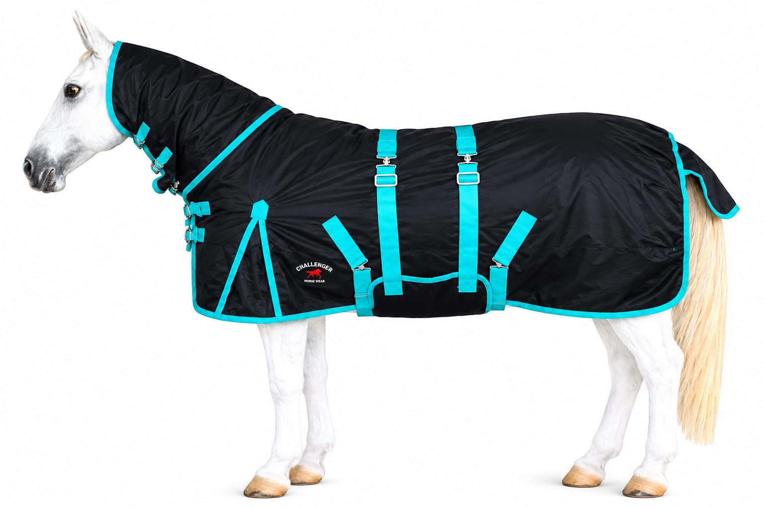 CHALLENGER 60" 1200D Heavy-Weight Winter Turnout Horse Blanket Combo Neck Black/Turquoise