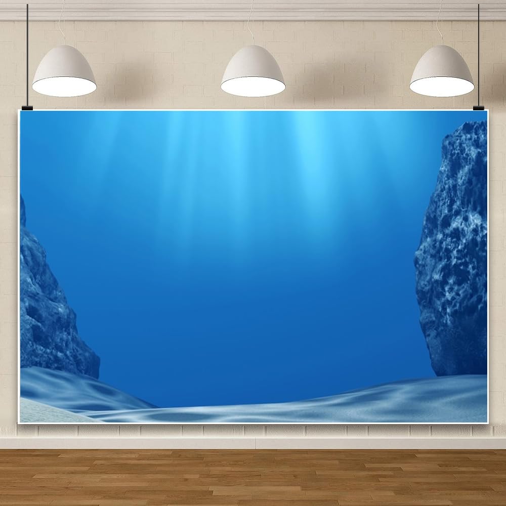 Renaiss 7x5ft Underwater World Backdrop Deep Blue Water Sun Ray Photography Background Under The Sea Sunlight Rocks Seabed Diving Mermaid Party Banner