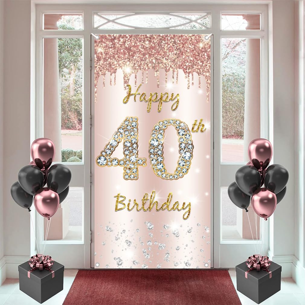 40. urodziny kobiety dekoracja, Happy 40th Birthday Door baner różowe złoto, 40. urodziny materiał szyld szyld plakat dekoracja drzwi, 40. urodziny tło baner kobieta, przyjęcie urodzinowe tabliczka powitanie