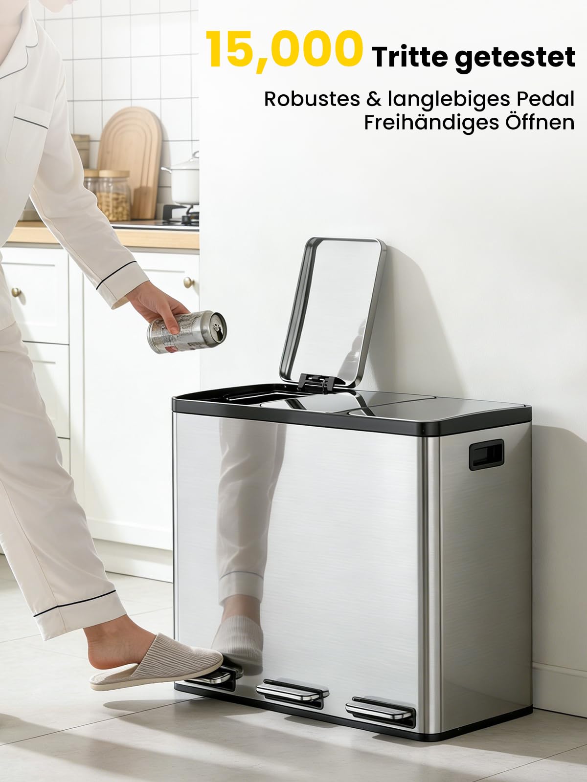 YEAUPE PRO Poubelle Cuisine 3x18L à Pédale, 54L Inox Poubelle Tri Sélectif 3 Compartiments, Triple Ouverture Indépendante, Soft Close Silencieux, Bacs Amovibles, 15 Sacs Inclus