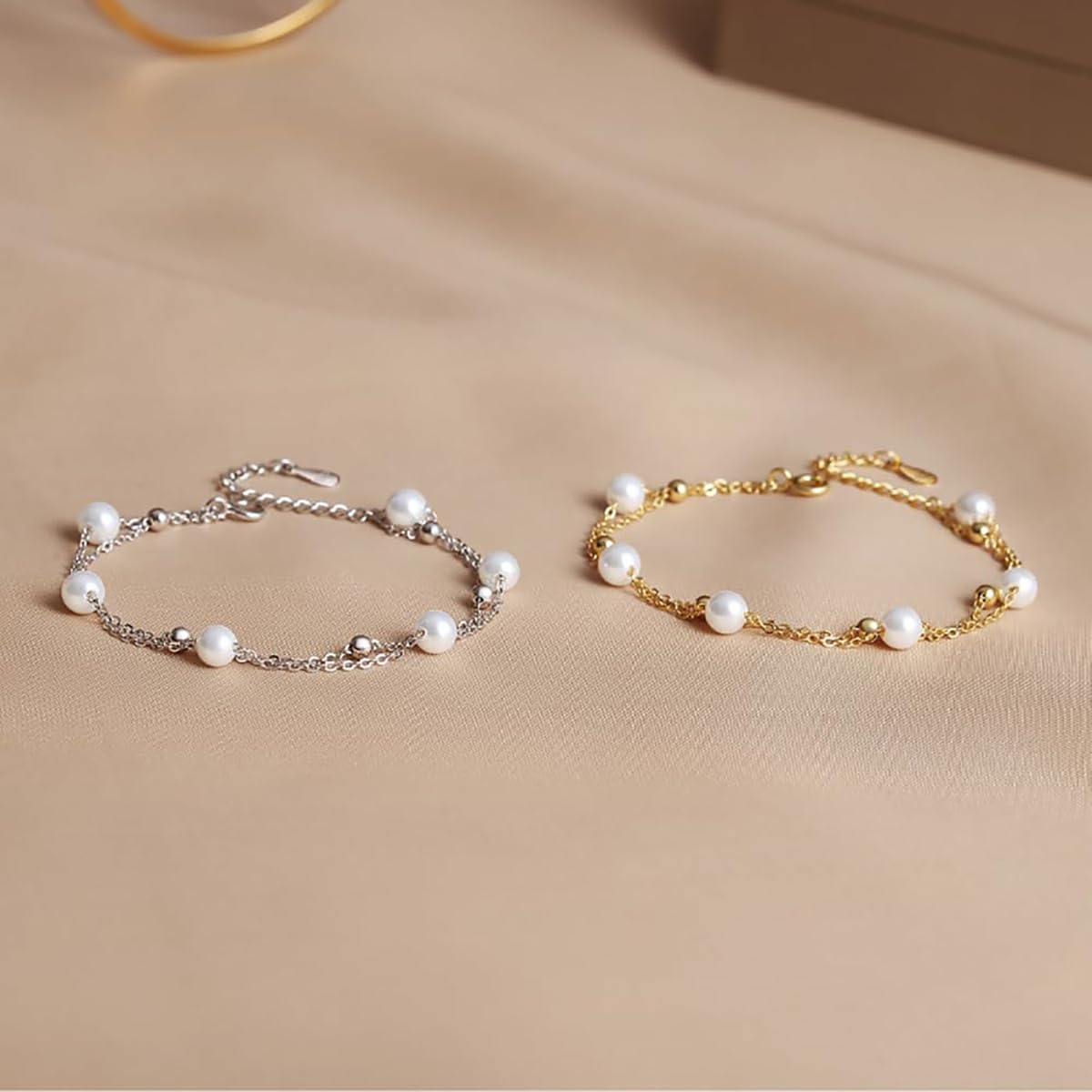 Pulsera de Perlas de Oro de 14 Quilates, Pulsera de Perlas de Agua Dulce de Doble Capa, para Madre, Esposa, Novia