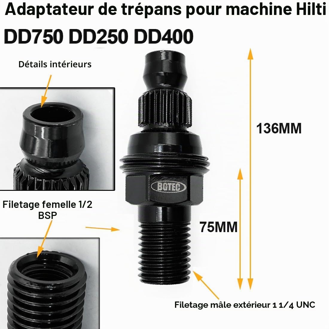 BGTEC Adaptateur pour foret à carotter - Déconnexion rapide mâle cannelé vers filetage 3,8 cm - 7 pour perceuse Hilti DD750 DD250 DD400