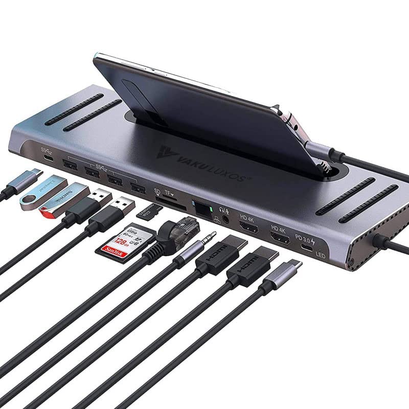 Image of Vaku Luxos USB Hub Type C Flare 12in1 multiport USB 3.0 High-Speed Adapter connector (5GBPS) data transfer Converter Extension, SD, TF, HDMI, PD, LAN with 60W PD Charging, docking station USB A Port Compatible with Macbook Air Pro (M1, M2 etc), iPad Pro Air, Laptop, and Other Type C Mobile & Devices