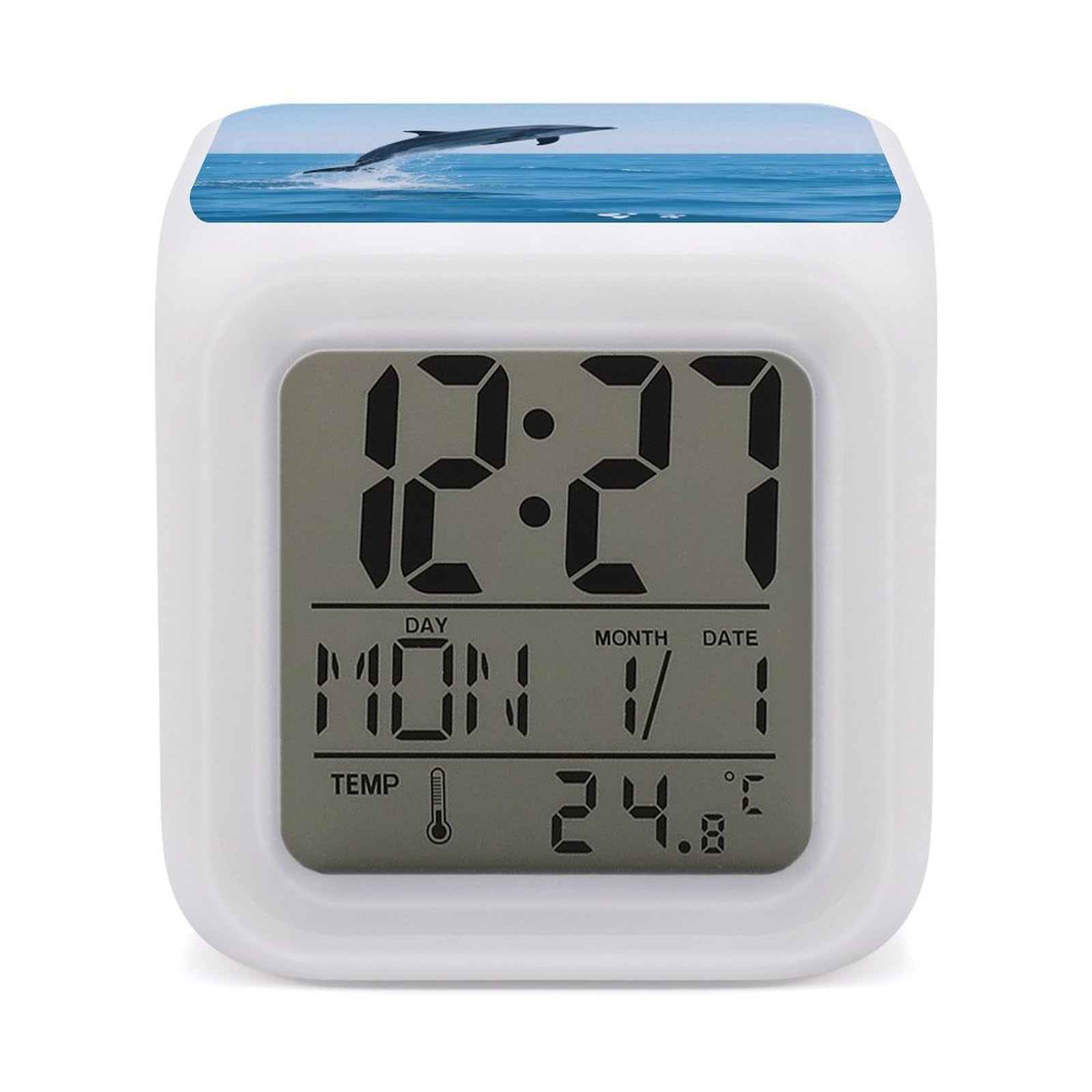 7 Color Ambient Night Light Cube Battery Operated Dolphin Underwater Digital Clock with Snooze Temperature LED Digital Alarm Clocks Dimmable Wake Up Light Portable Mood Lamp for Bedroom Desk Gift