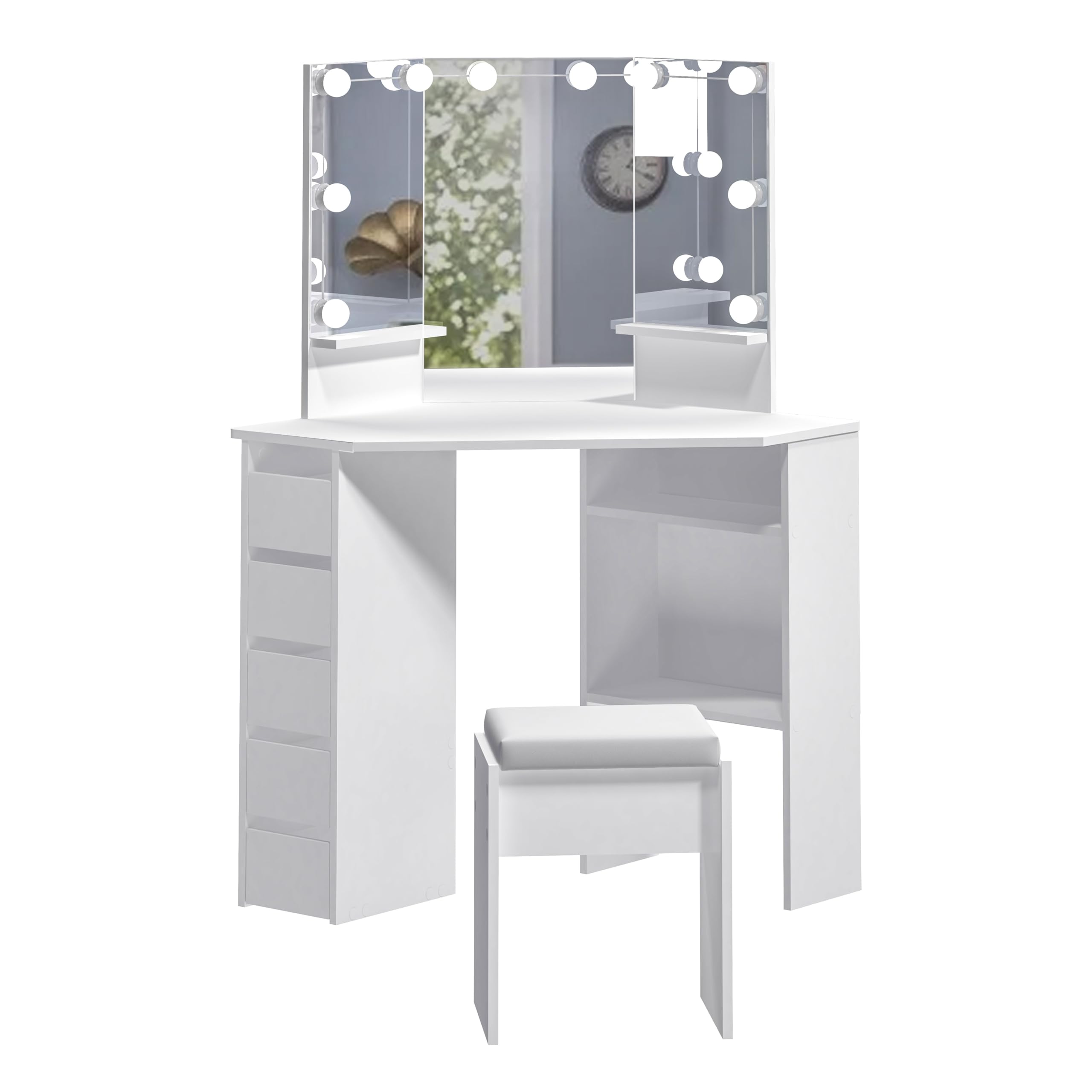Panana Wooden Corner Dressing Table with Hollywood LED Light, Modern Makeup Desk Vanity with 3 Angle Mirror and 5 Drawers Large Storage Vanity Table with Stool Bedroom Furniture (White)