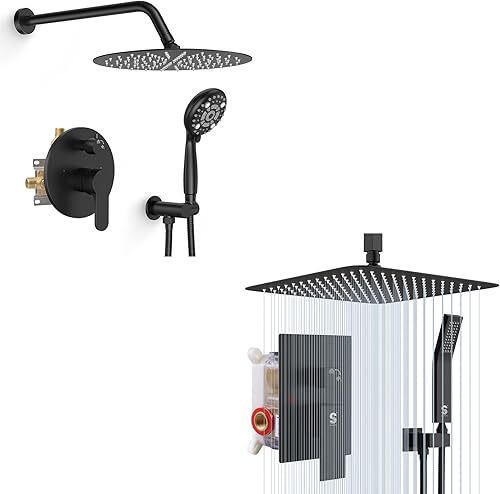 SR SUN RISE Sistema de ducha montado en el techo de 12 pulgadas, grifo de ducha de lluvia con rociador de mano de 6 ajustes, negro mate