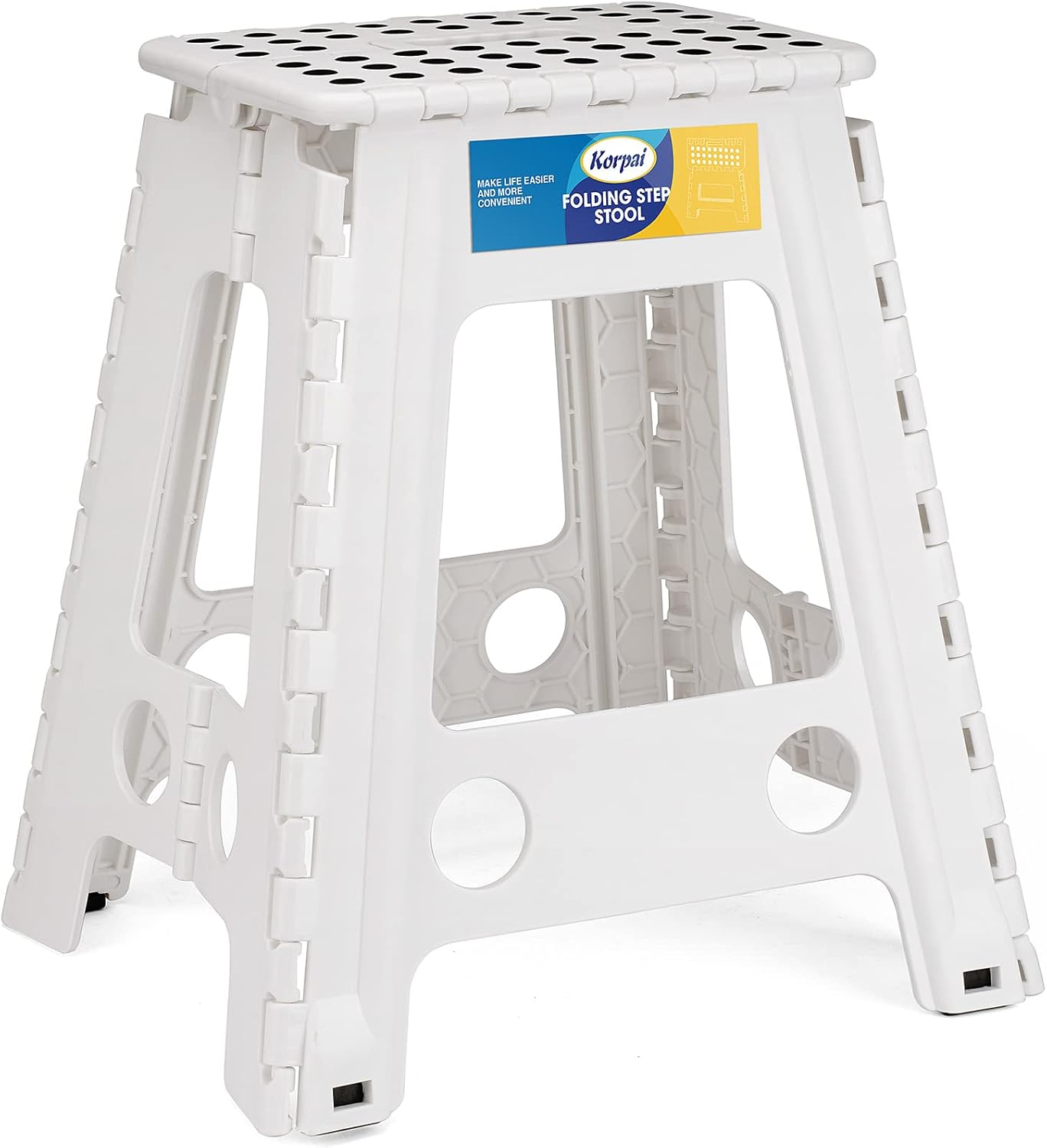 Korpai 18" Folding Step Stool for Adults and Kids Holds Up to 300 lbs,Non-Slip Folding Stools with Portable Handle, Compact Plastic Foldable Step Stool for Bathroom,Bedroom, Kitchen, White,1PC