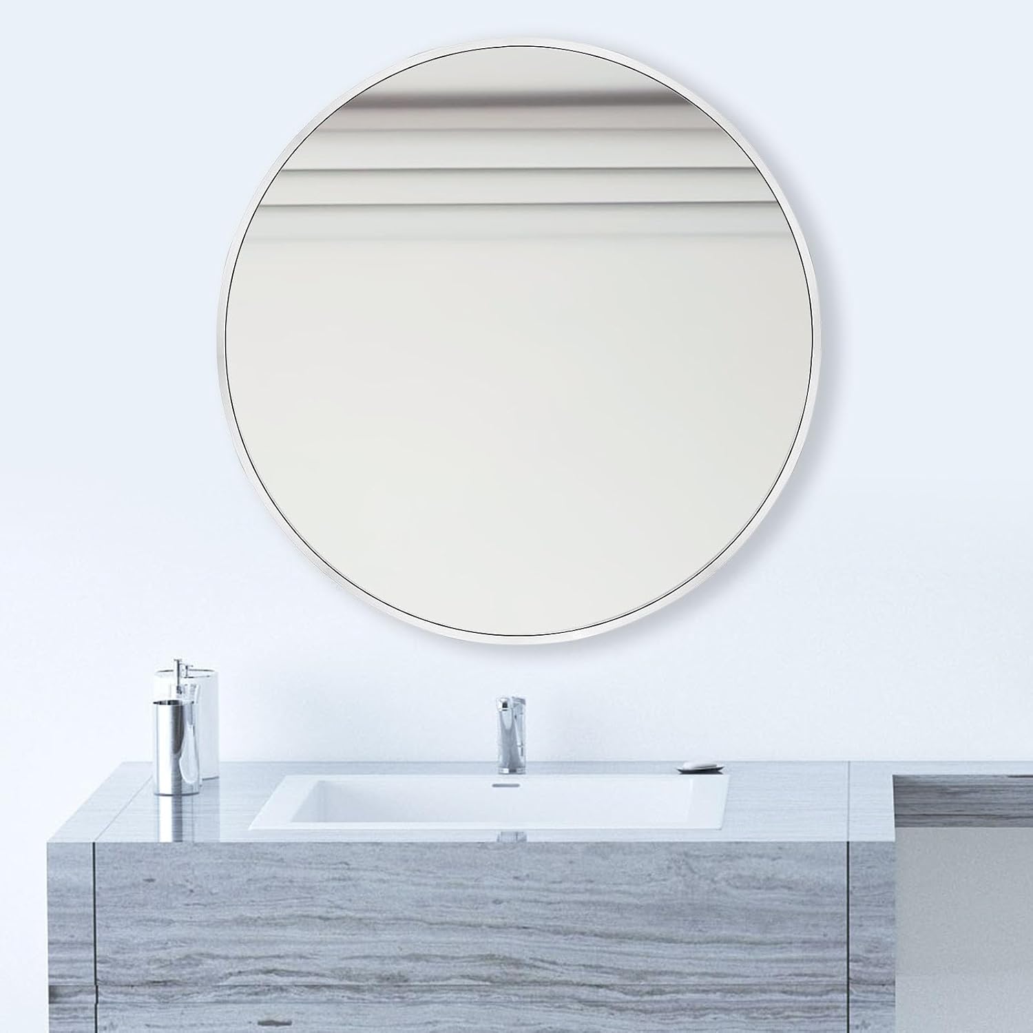 Silver Round Mirror, 24 Inch Round Wall Mirror with Metal Frame, Silver Circle Mirror for Bathroom, Vanity, Bedroom, Living Room, Entrance