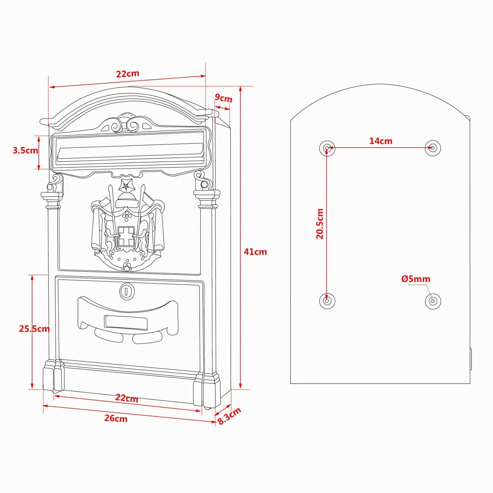 Wiltec Buzón de diseño Antiguo 260 x 90 x 400 mm Blanco buzón de Pared de Acero con Cerradura, Placa de identificación y Ranuras de visualización