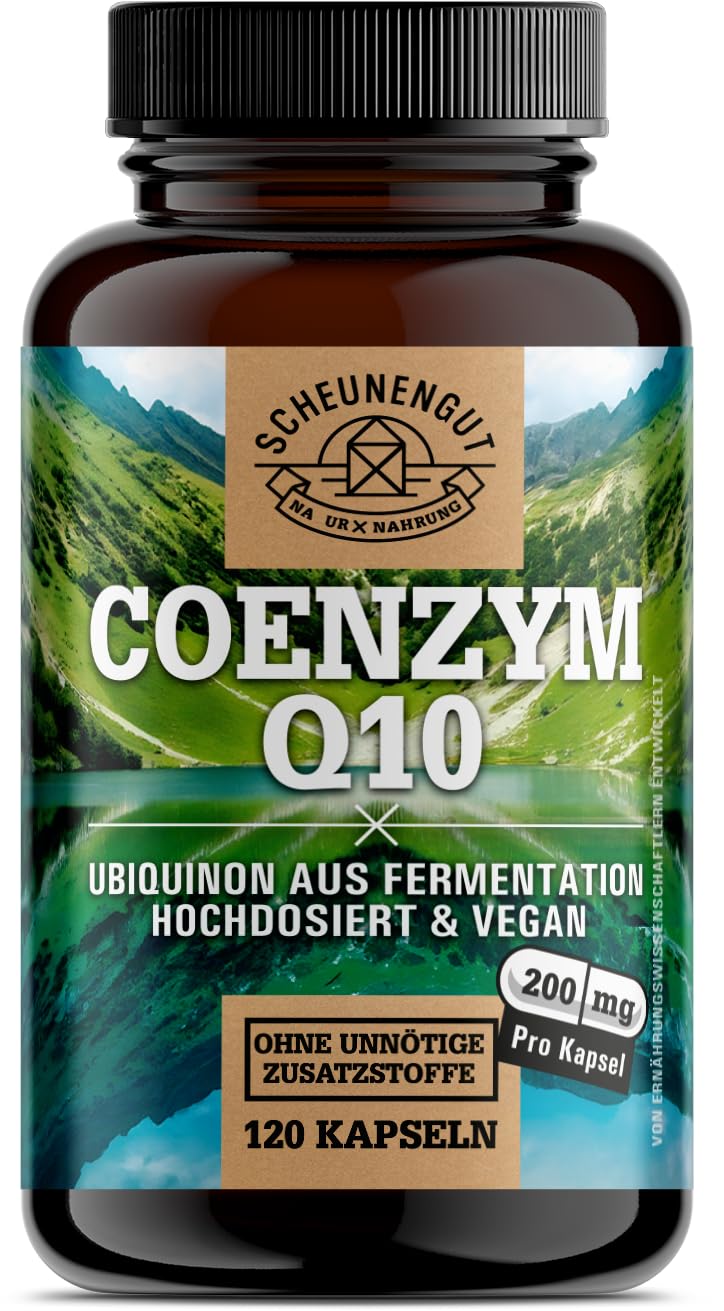 Q10 200mg je Kapsel - WICHTIG: Q10 Kapseln Hochdosiert mit bioaktivem Ubiquinon -Coenzym Q10 aus Deutschland- Laborgeprüft und Vegan 120Stk DE SCHEUNENGUT®