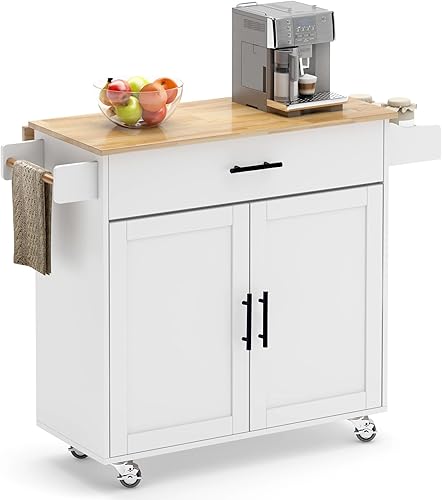 soges Isla de cocina con ruedas con hoja caída, carrito de cocina con cajón y gabinete, carrito de servicio con soporte para toallas de especias,