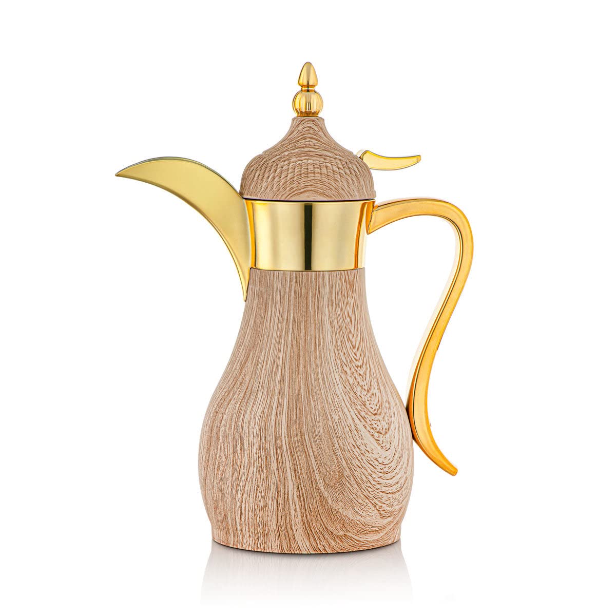 Al Marjan Stainless Steel Vacuum Flask in Wooden Texture Shade in Gold Color Arabic Style With Push Button Heat Insulated Thermos Available in 300 ML, 600 ML & 1 Liter Capacity (1 Liter)