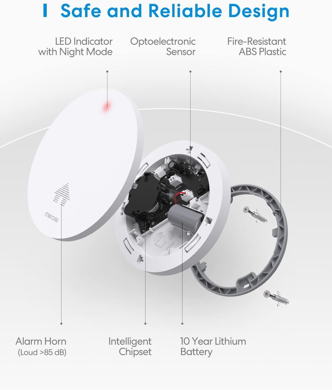 Meross Rilevatore di Fumo, Allarme Antincendio con Batteria da 10 Anni, Sensore Fotoelettrico con Allarme Fumo Controllo Automatico, Piccolo e Piatto, Testato Secondo VdS DIN EN 14604