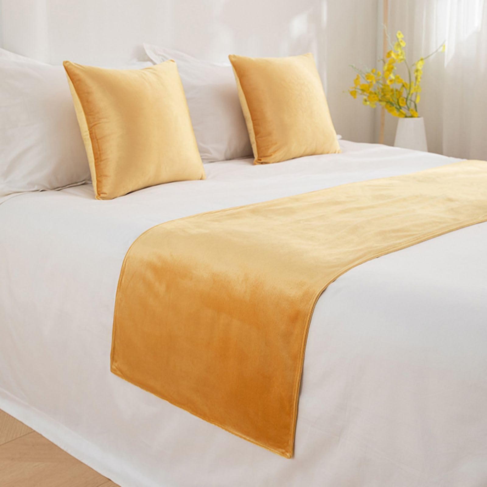 Qrgmkl Men's Yellow New Bed Runners Bedspread Solid Color Bed Scarves Modern Simple Bedding Protector Fashion Bedding Decor For Bedroom Hotel Wedding Room-||240X45cm For 1.8M Bed