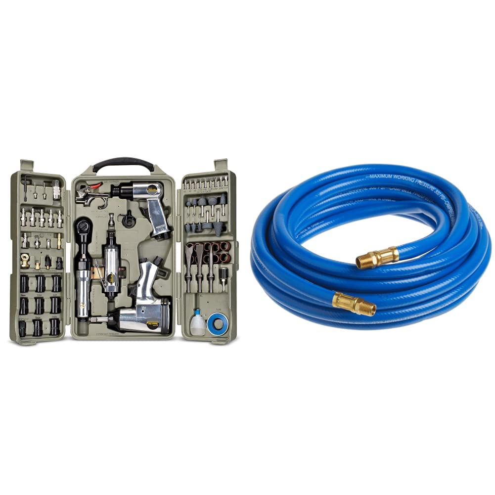 Trades Pro Air Tool and Accessories Kit, 71 Piece, Impact Wrench, Air Ratchet, Die Grinder, Aire Hammer, Hose Fittings, Storage Case - 836668 and Campbell Hausfeld 25' Air Hose (PA117701AV)