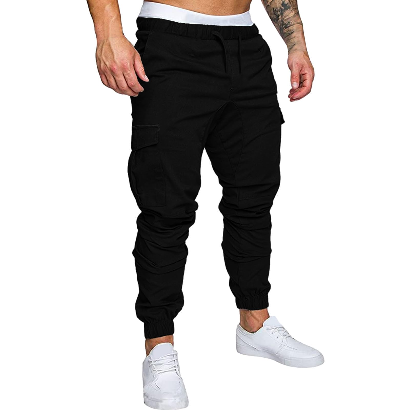 Mens Work Trousers Cuffed Leg, Mens Multi Pockets Work Trousers, Casual Regular Fit Cargo Sweatpants Comfy Drawstring Pants Daily Cuffed Sweatpants Blocked Color Sports Bottoms with Pockets