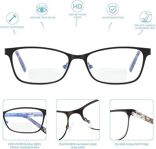 Miniatura 4 de Gafas de lectura bifocales para mujer, bloqueo de luz azul con parte superior transparente, lector de computadora, marco de metal ancho, elegantes