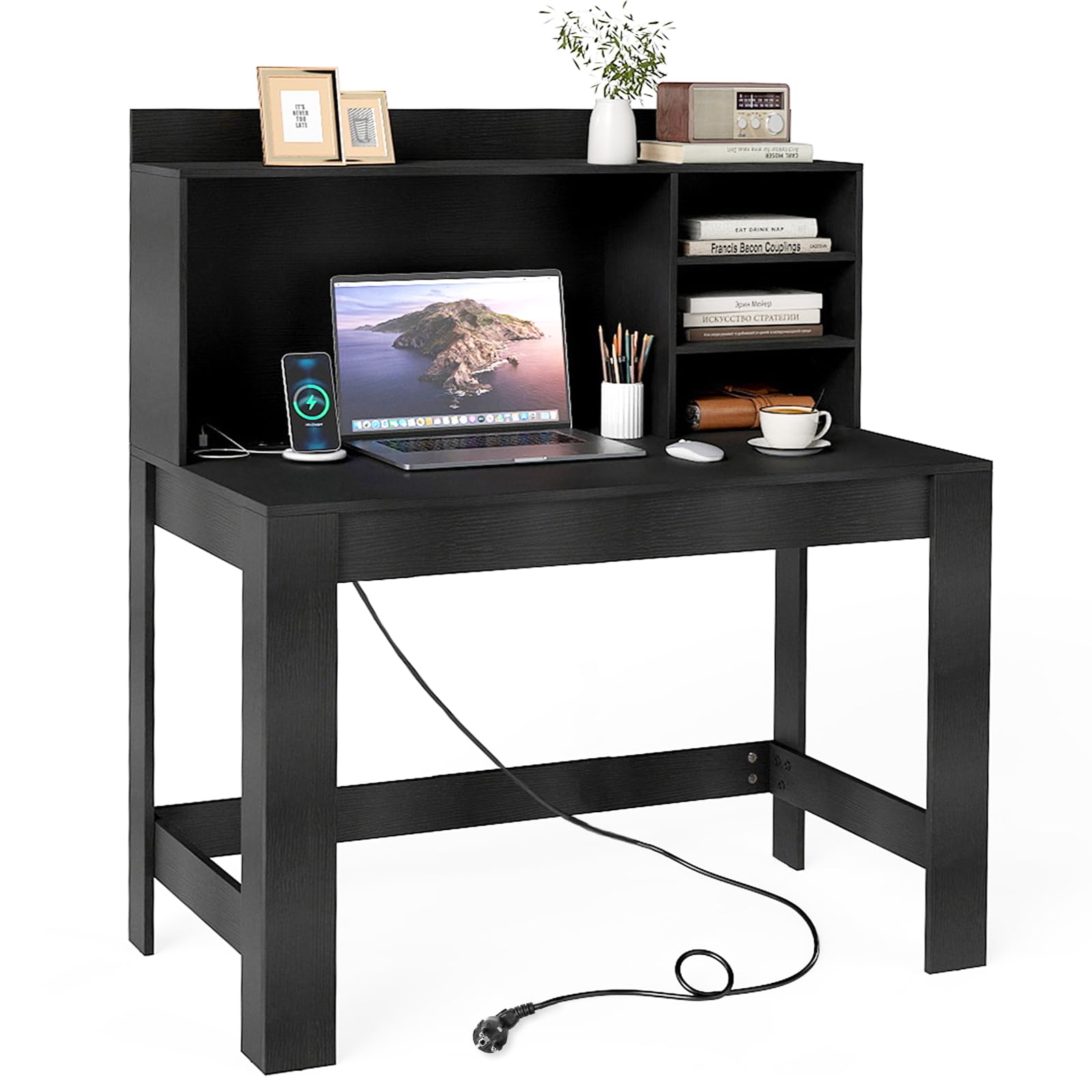 COSTWAY Escritorio con Estantería 108 x 60 x 125 cm, Mesa Escritorio con Enchufes y Agujero para Cables, Tocador Dormitorio Oficina Despacho (Negro)