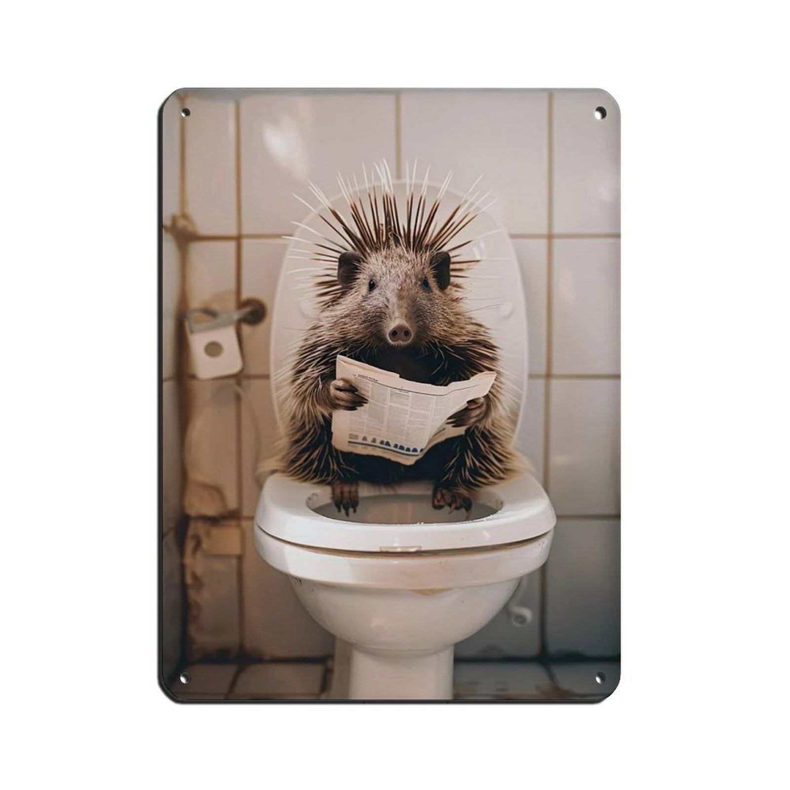 Porcupine Sitting on The Toilet Reading A Newspaper (5) Retro Poster Metal Tin Sign Chic Art Retro Iron Painting Bar People Cave Cafe Family Garage Poster Wall Decoration 12x16inch(30x40cm)