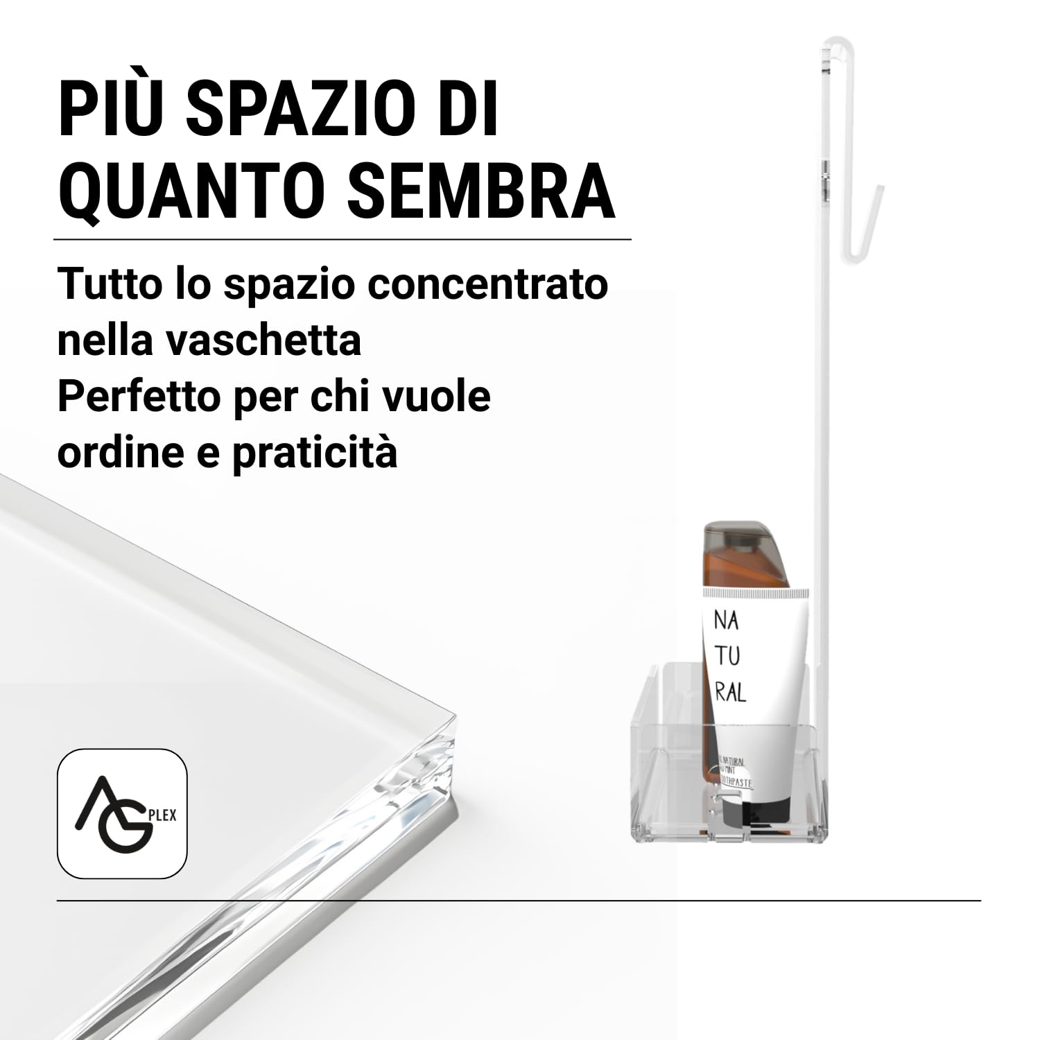 AGPLEX Porta Shampoo Doccia da Appendere in vetro acrilico plexig. cm 24x20xh45, mensola doccia con porta asciugamani, organizer Bagno (Senza Mensolina, Spessore fino a 15mm) - Made in Italy