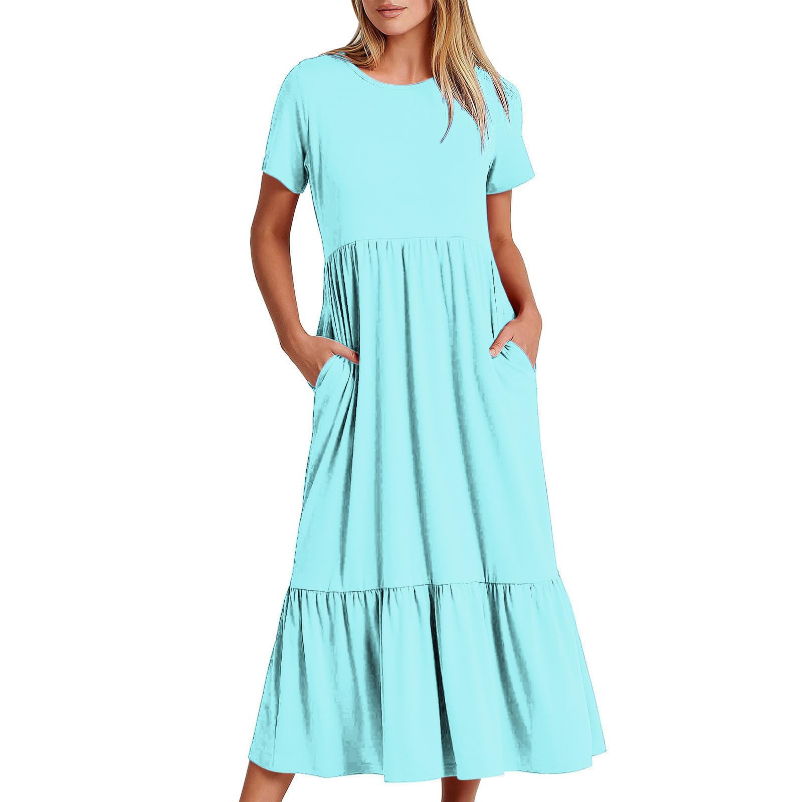 Womens Summer Short Sleeve Crewneck Shirt Dress Casual Flowy Tiered Maxi Beach Dress with Pockets Elegant Long Dresses