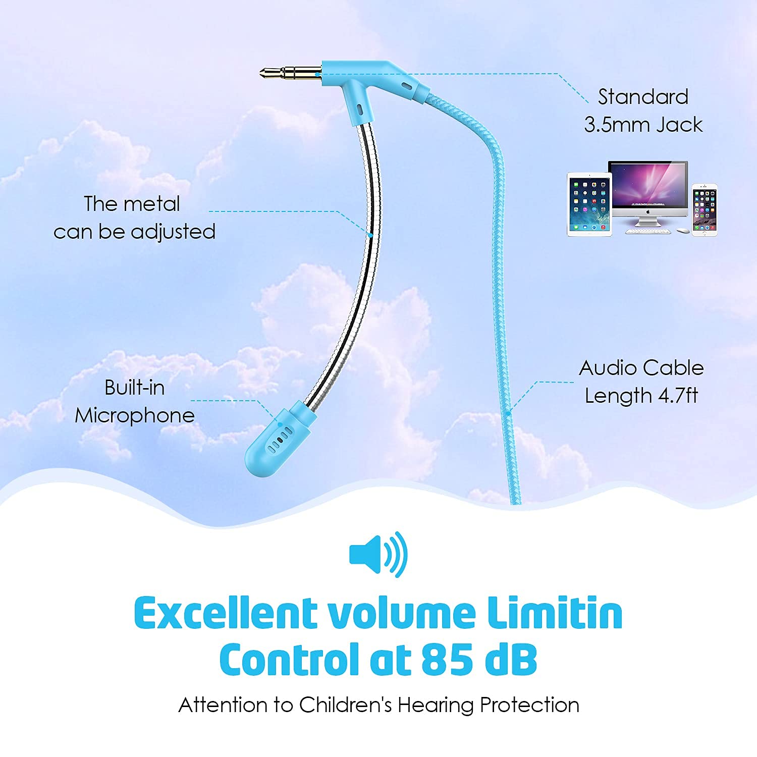 Cuffie per bambini, limitatore di volume 85/94 dB, cuffie sovrauricolari per ragazze e ragazzi, pieghevoli, con cavo, per iPad/tablet/viaggi, colore azzurro e rosa (nuovo microfono a collo