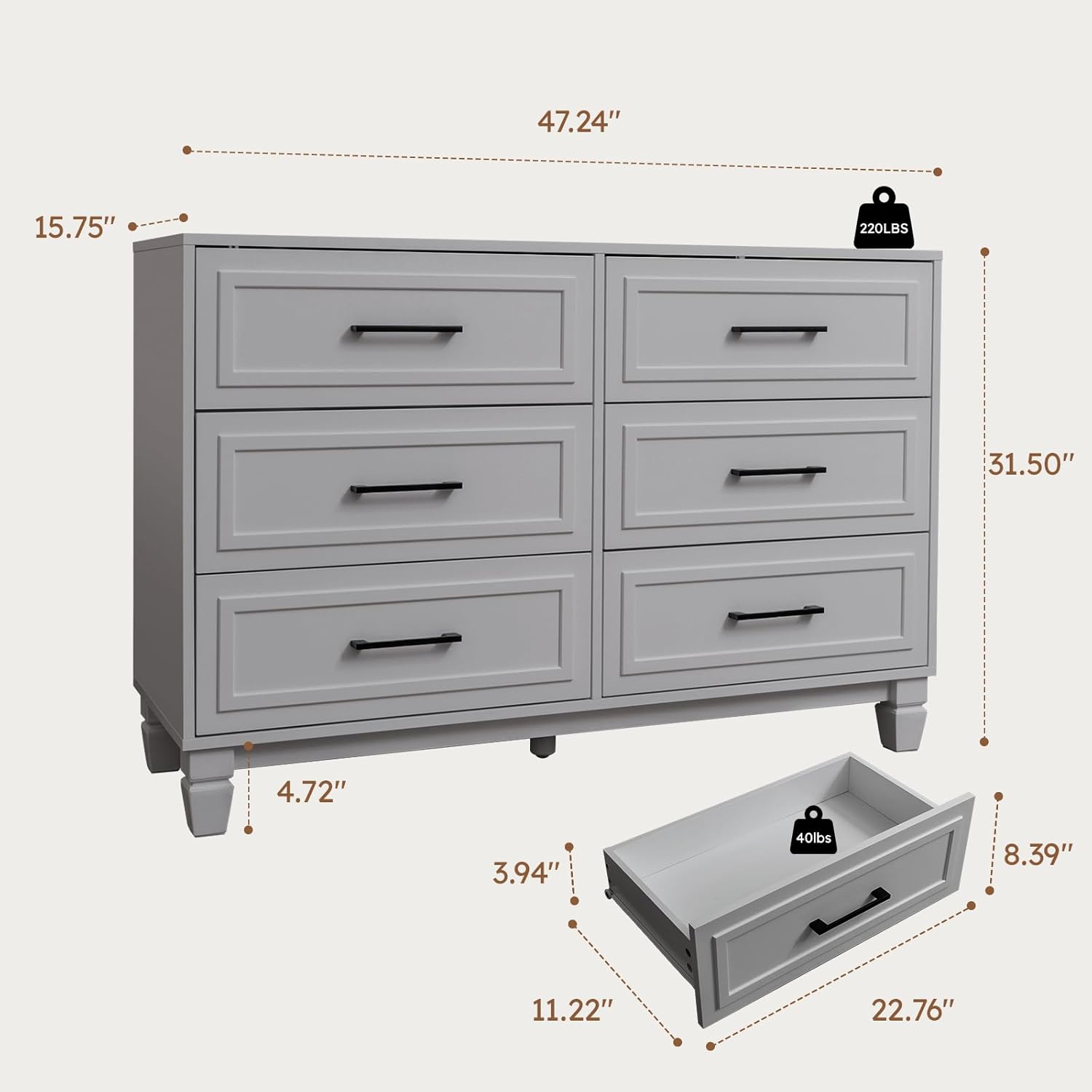 Farmhouse Dresser for Bedroom, Tv Stand Dresser with Unique Solid Wood Legs, 6 Drawer Dresser for Clothes, Closet, Living Room, Grey