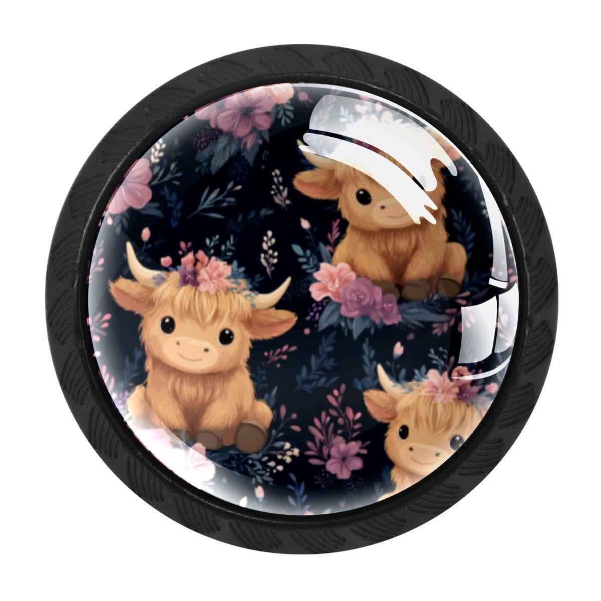 HEOEH 4 PCS Cabinet Knobs, Highland Cow Flower Drawer Knobs Dresser Handles