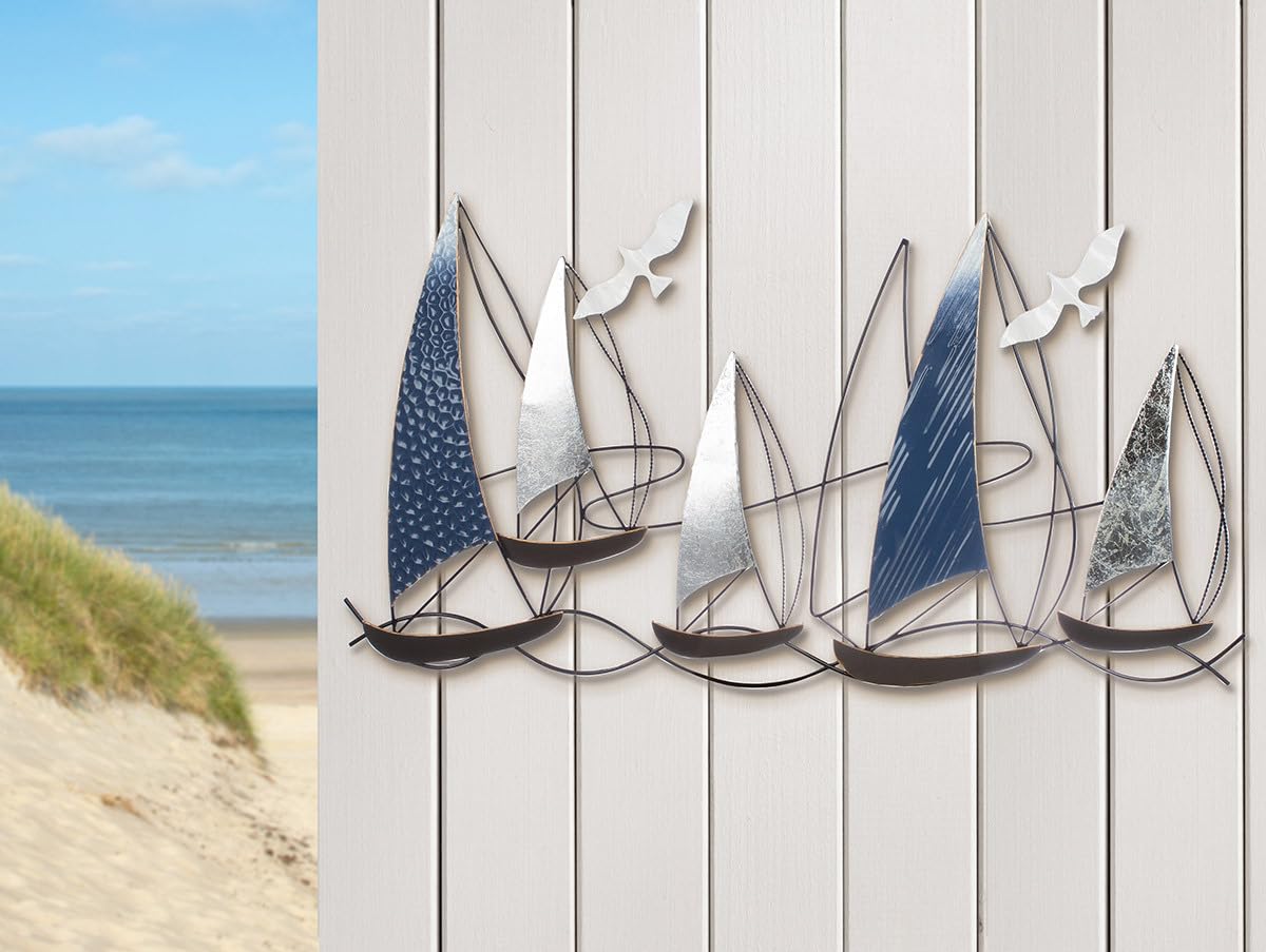 Décoration maritime en métal GILDE relief bateau bleu argent pour salon