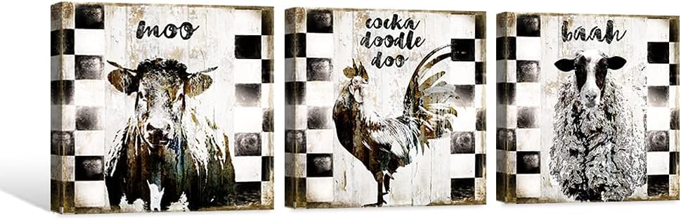 SEVEN WALL ARTS 3 Pieces Rustic Farmhouse Pictures Animal Painting Cow Rooster Sheep Vintage Farm Animal Print Modern Black and White Artwork for Bathroom Living Room Bedroom Kitchen Wall Décor