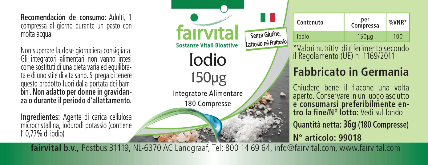 fairvital Compresse di iodio, 180 compresse, facili da deglutire, ALTO DOSAGGIO con 150 µg di iodio per compressa, a base di ioduro di potassio, VEGANE