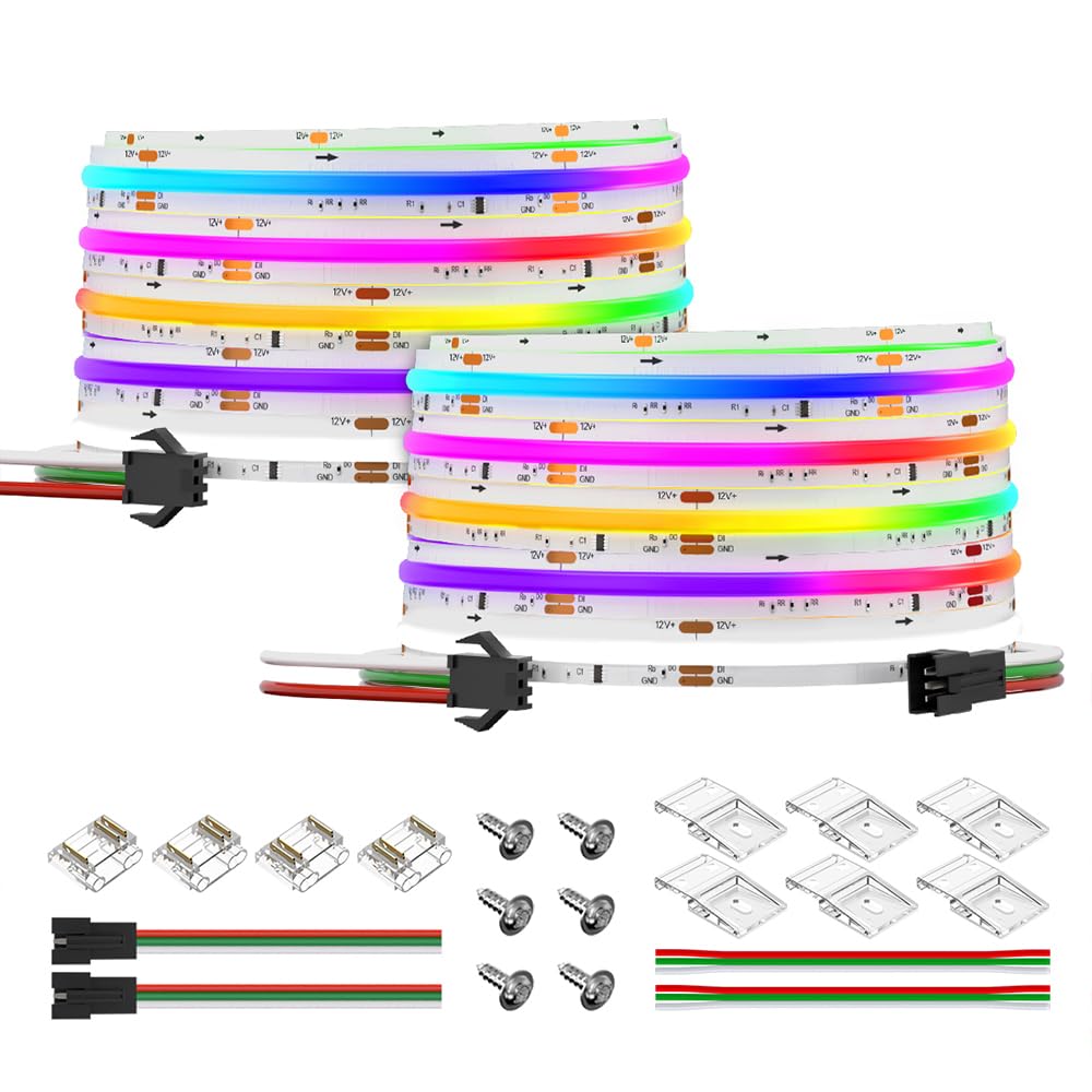 BTF-LIGHTING FCOB WS2814 IC RGBW 6000K COB LED Strip Flexible High Density Uniform Chasing Color Light 2X16.4FT Total 32.8FT DC12V 16IC/m 10mm Width