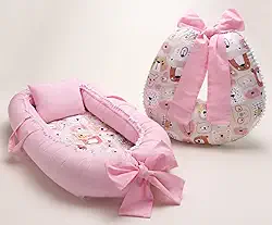 Kit Ninho Redutor de Berço com Almofada de Amamentação, Menina, Rosa (Ursa mel)