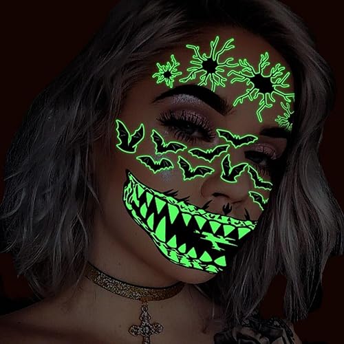 Glow-in-the-Dark Creepy Tattoo Stickers, Waterproof, Hand-Drawn Designs for Halloween or Spooky Parties, Long-Lasting and Unique (03)(05)