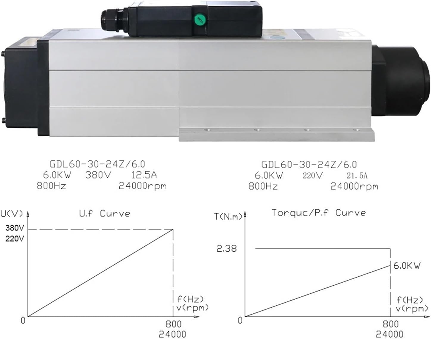 GDL60-24Z/6.0 6kw AC220v / 380v Auto Spindle 800Hz 24000RPM ISO30(220v)