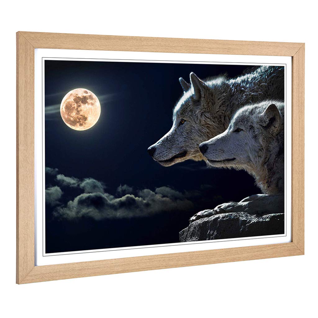 Big Box Art Framed Print of Wolf Wolves & Moon Design | Wall Art Picture | Home Decor for Kitchen, Living, Dining Room, Lounge, Bedroom, Hallway, Office, Oak, A2 / 24.5x18 Inch / 62x45cm