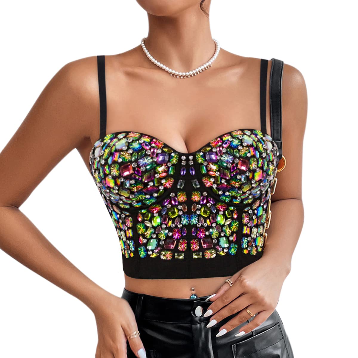 Naimo Bustier sexy pour femme - Avec strass - Push Up - Crop Top - Soutien-gorge à paillettes - Débardeur - Pour fête, clubwear