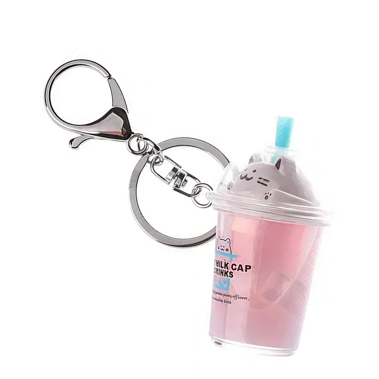 Elzhan Pink boba tea keychain Milk Tea Cup Key Ring,Cartoon Cat Car Keychain Mini Milk Tea Cup Liquid Crystal Sequin Key Ring Bag Pendant Accessories