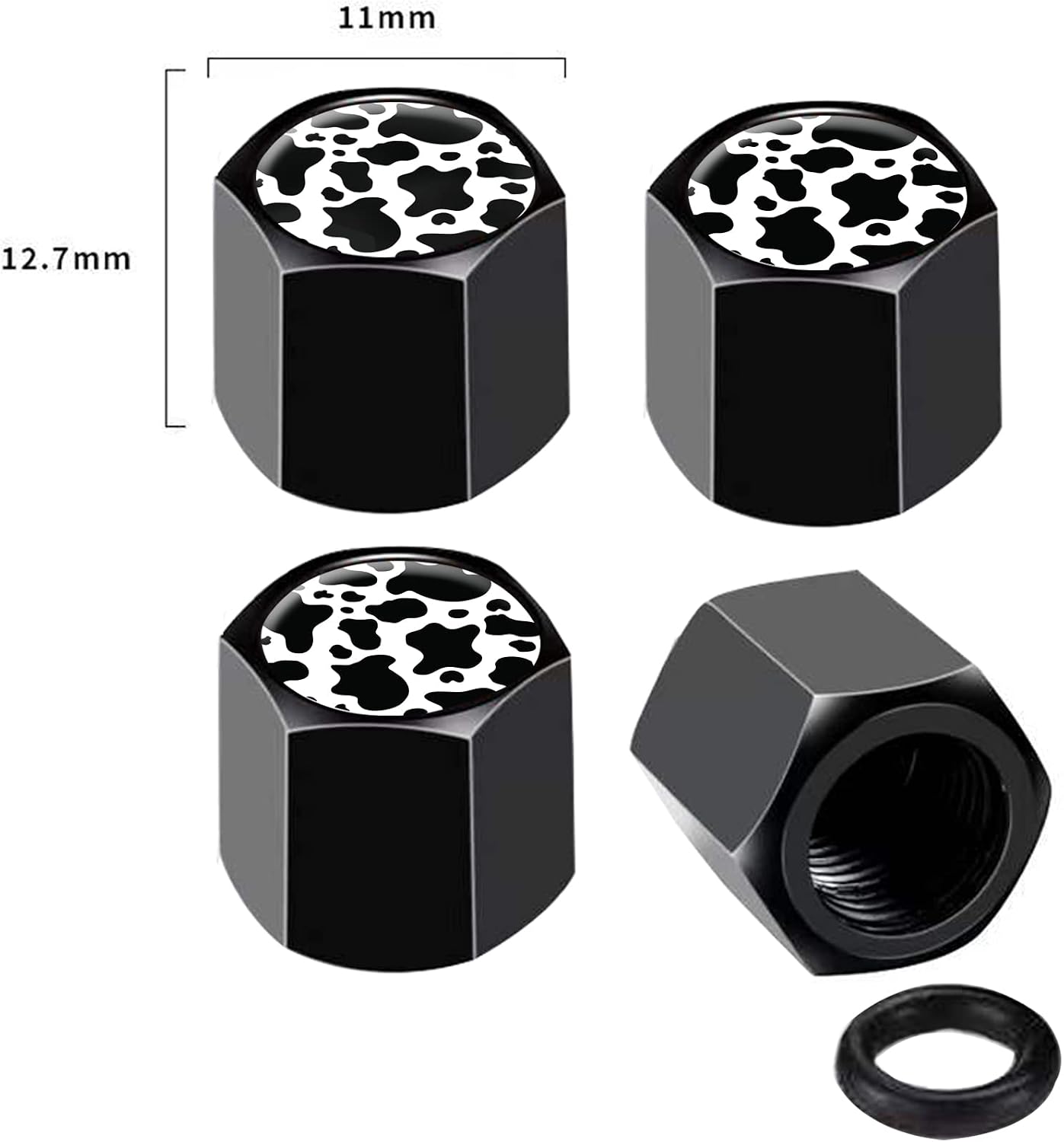 4 Pack Tire Valve Stem Caps Cover Car Accessories,Cute Airtight Dust Proof Covers for Cars, Trucks, SUVs,Bikes, Motorcycles, Bicycles(Black White Cow Skin)