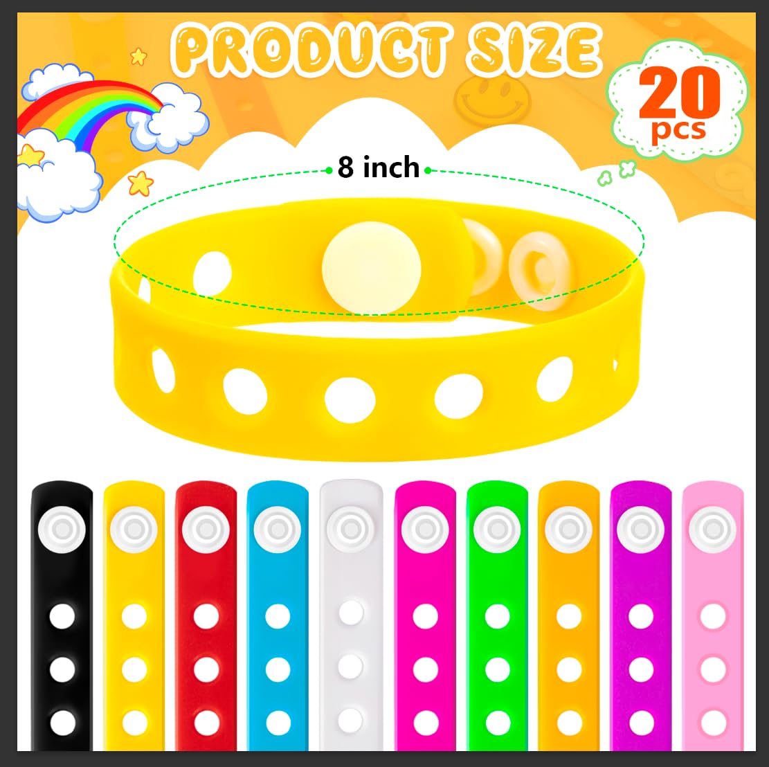 20 pulseras de silicona con dijes, pulseras de 8 pulgadas a granel para niños, pulseras de silicona ajustables de goma para sostener los dijes de zapatos para regalo de estudiantes, 8 pulgadas 3