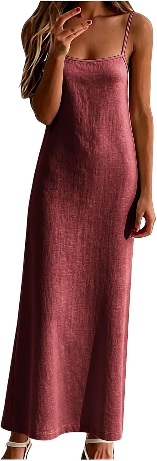 Cotton Linen Sundress for Women Summer Sleeveless Casual Loose Maxi Dress Lightweight Beach Vacation Cami Dresses