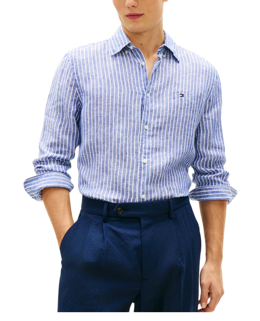 Tommy Hilfiger Linen Bengal Stripe RF Shirt, Blu, XL