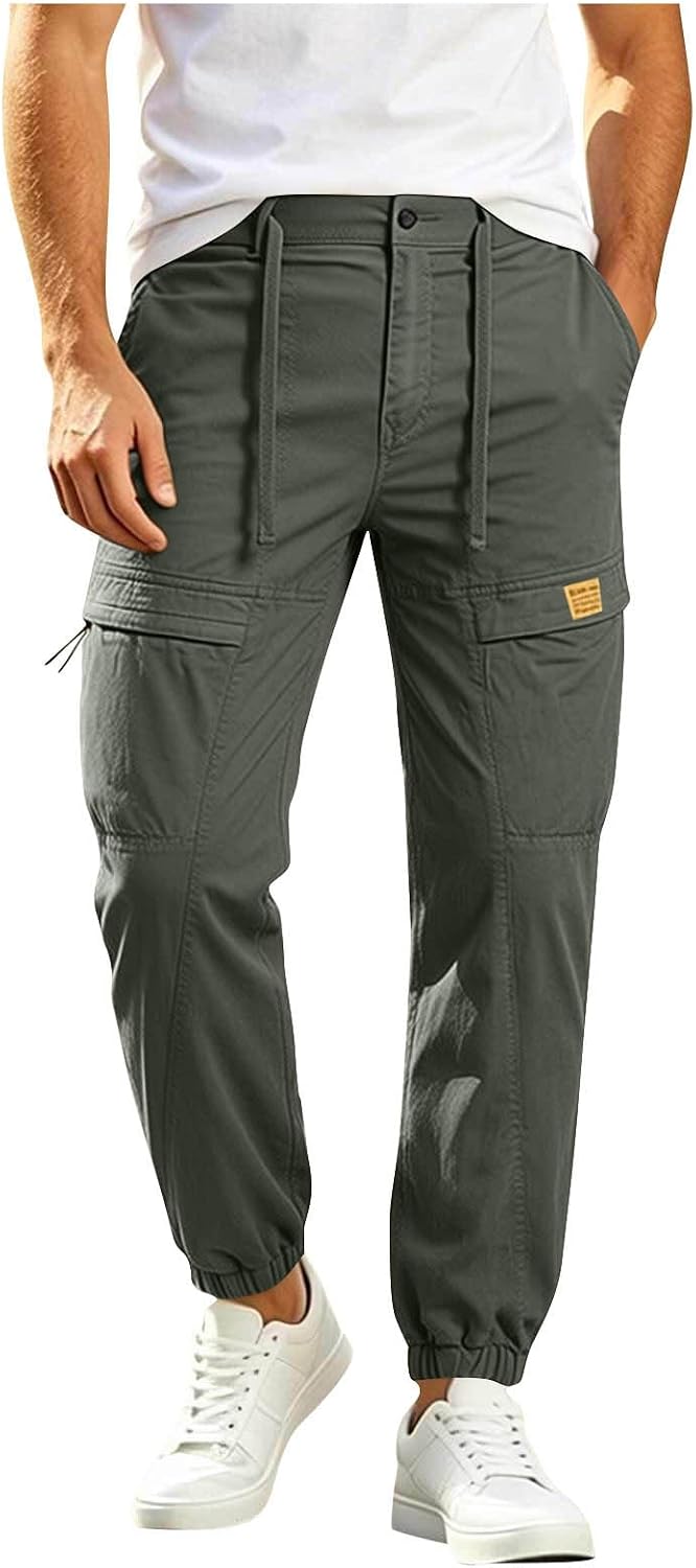 Men's Casual Cargo Sweatpants High Waist Drawstring Joggers Hiking Tactical Tapered Pants for Men with Pockets
