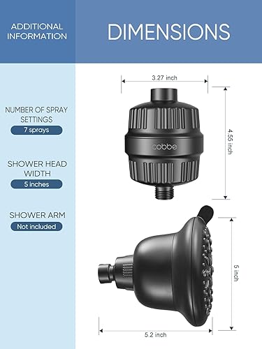 Miniatura 9 de Cobbe Cabezal de ducha de lujo con doble filtro, alto rendimiento de 16+20 etapas, 99% de eliminación de filtros de ducha para agua dura, elimina