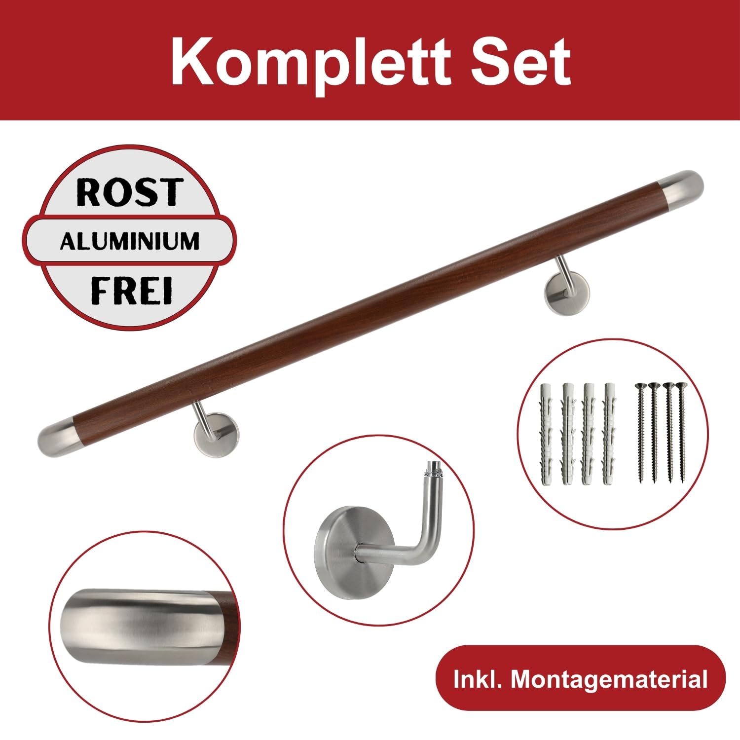 TIBU Handlauf Aluminium Nussbaum Holz Dekor 30-600cm Wandhandlauf Treppe gewinkelte Edelstahlhalter, Länge 200 cm mit 3 Halter und Bogen zur Wand